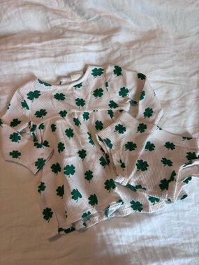 Girls' White Knit Dress with Green Clover Print